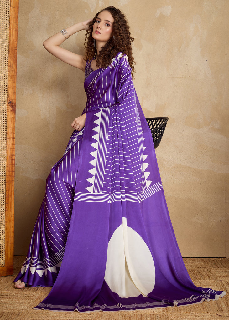 Rich Purple Printed Satin Silk Saree