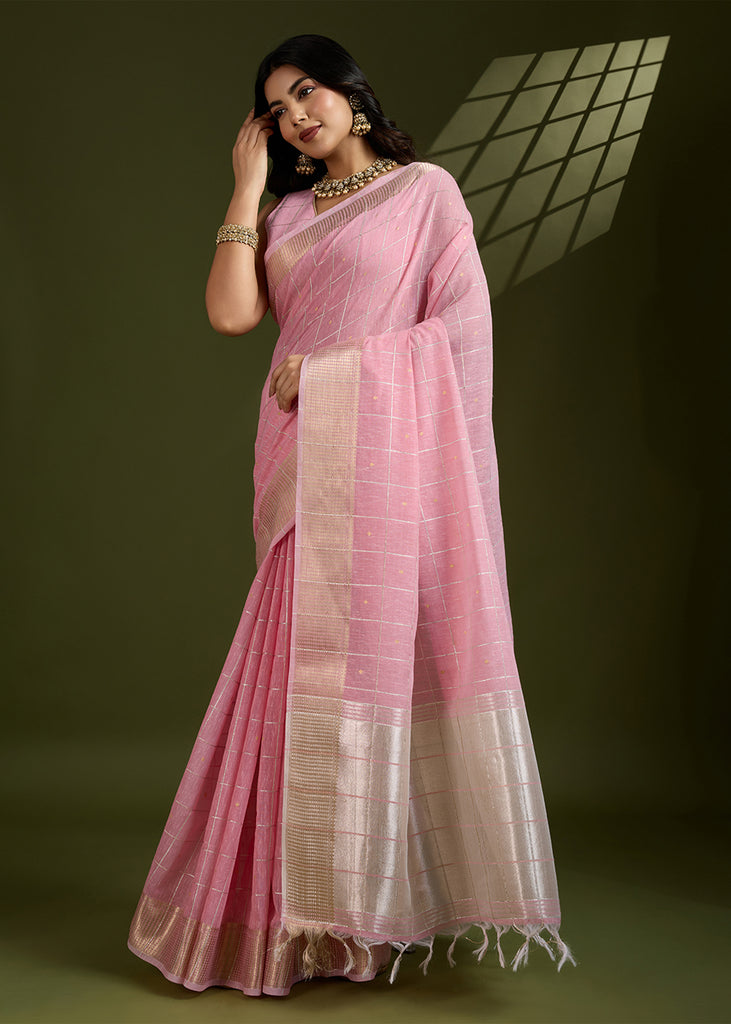 Blossom Pink Woven Soft Silk Saree