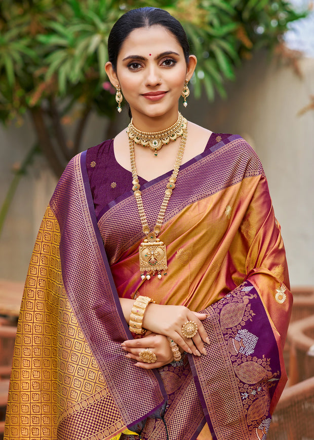 Orange And Purple Dual Tone Woven Banarasi Silk Saree