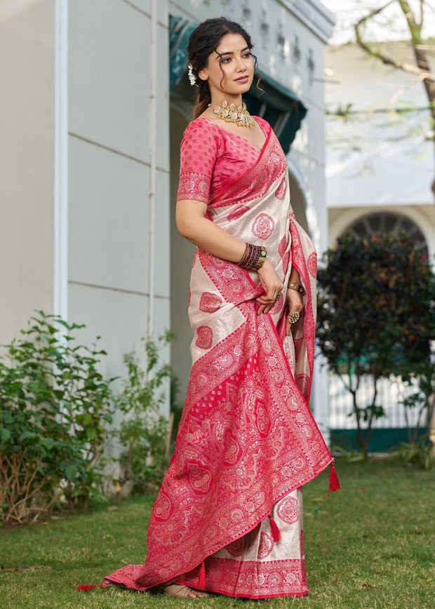 Raspberry Pink Woven Banarasi Silk Saree