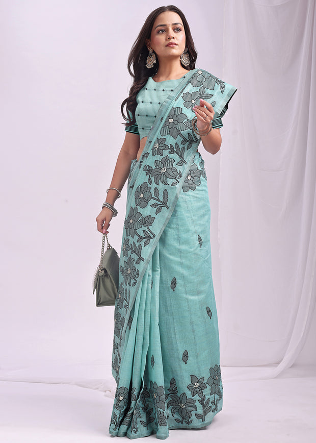 Radiance Blue Woven Cotton Linen Silk Saree