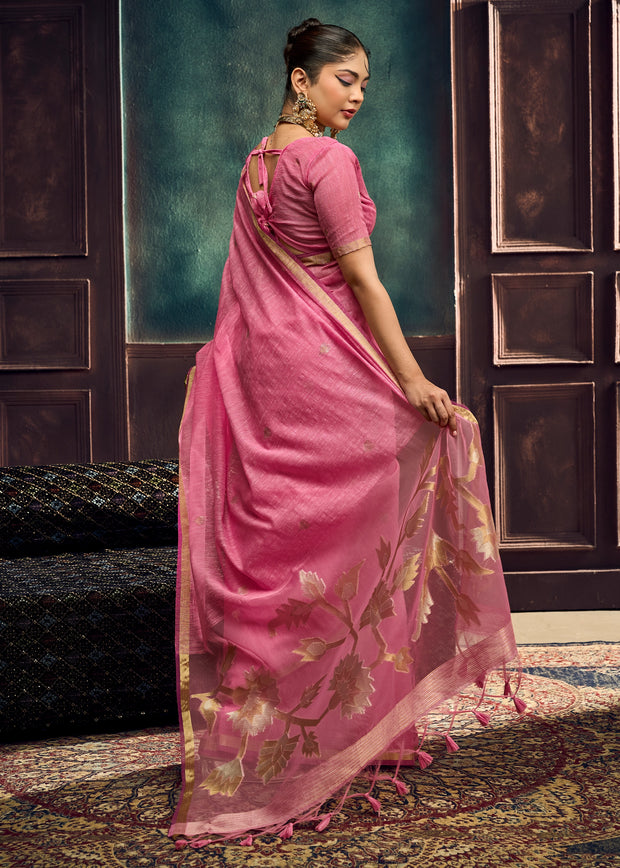 Carnation Pink Woven Cotton Silk Saree