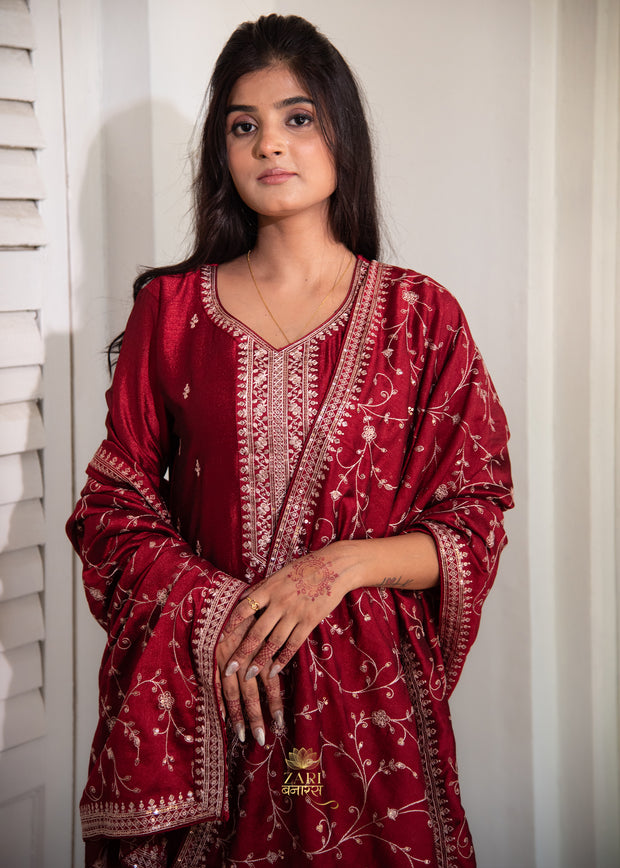 Royal Maroon Embroidered Suit set (10702867235009)