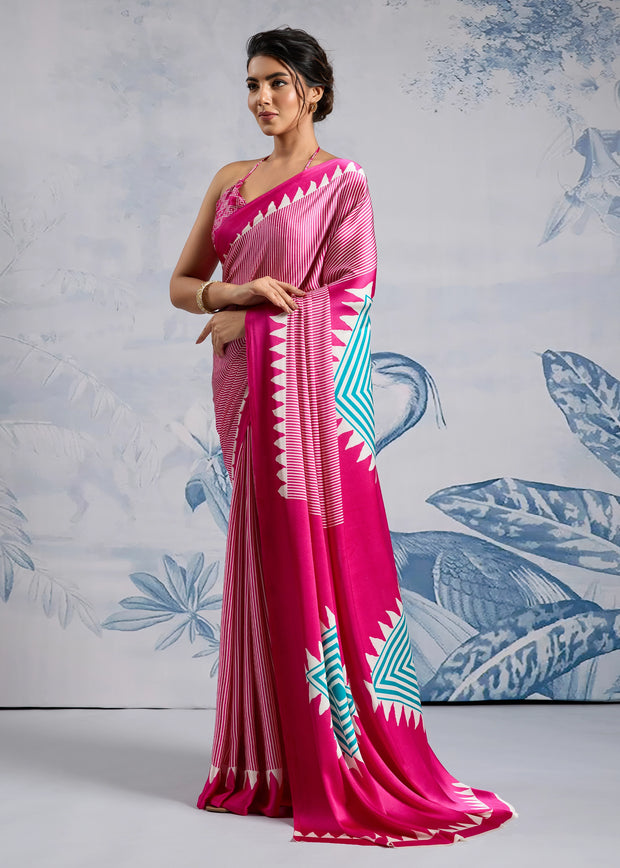 Fuchsia Pink Printed Satin Silk Saree