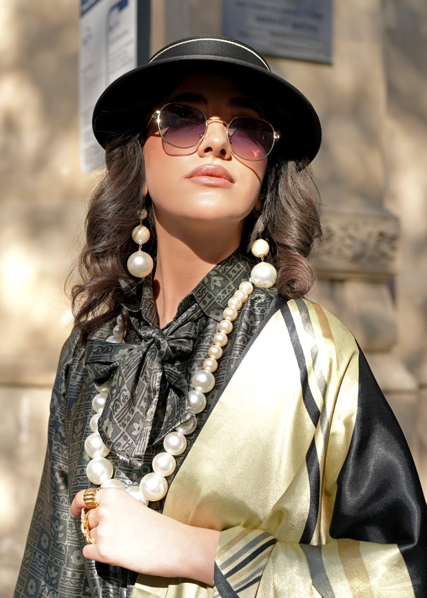 Beige And Black Printed Satin Silk Saree
