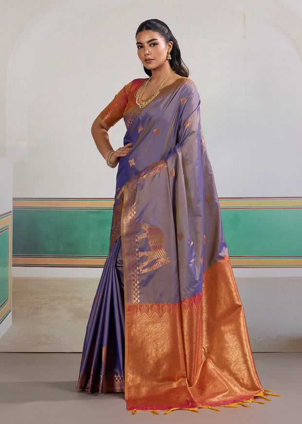 Dusky Purple Woven Silk Saree With Contrast Blouse
