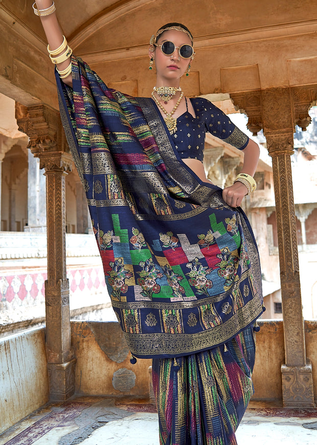 Navy Blue Printed Soft Silk Saree