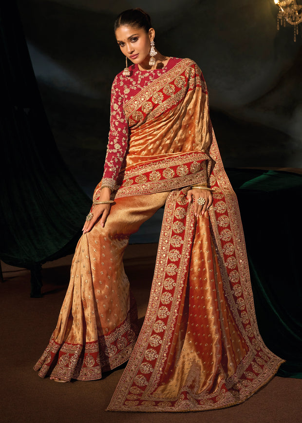 Golden Red Embroidered Silk Saree