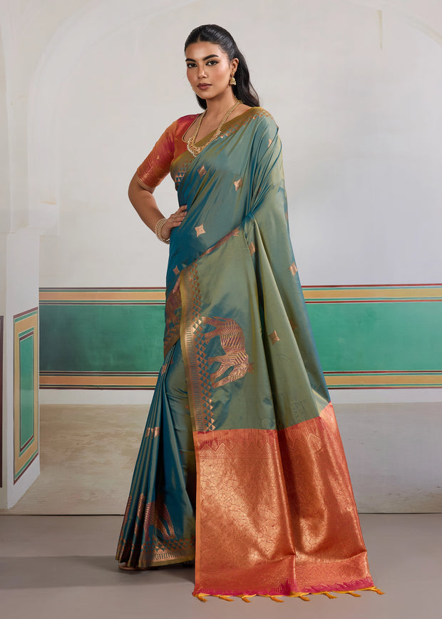 Canton Green Woven Silk Saree With Contrast Blouse