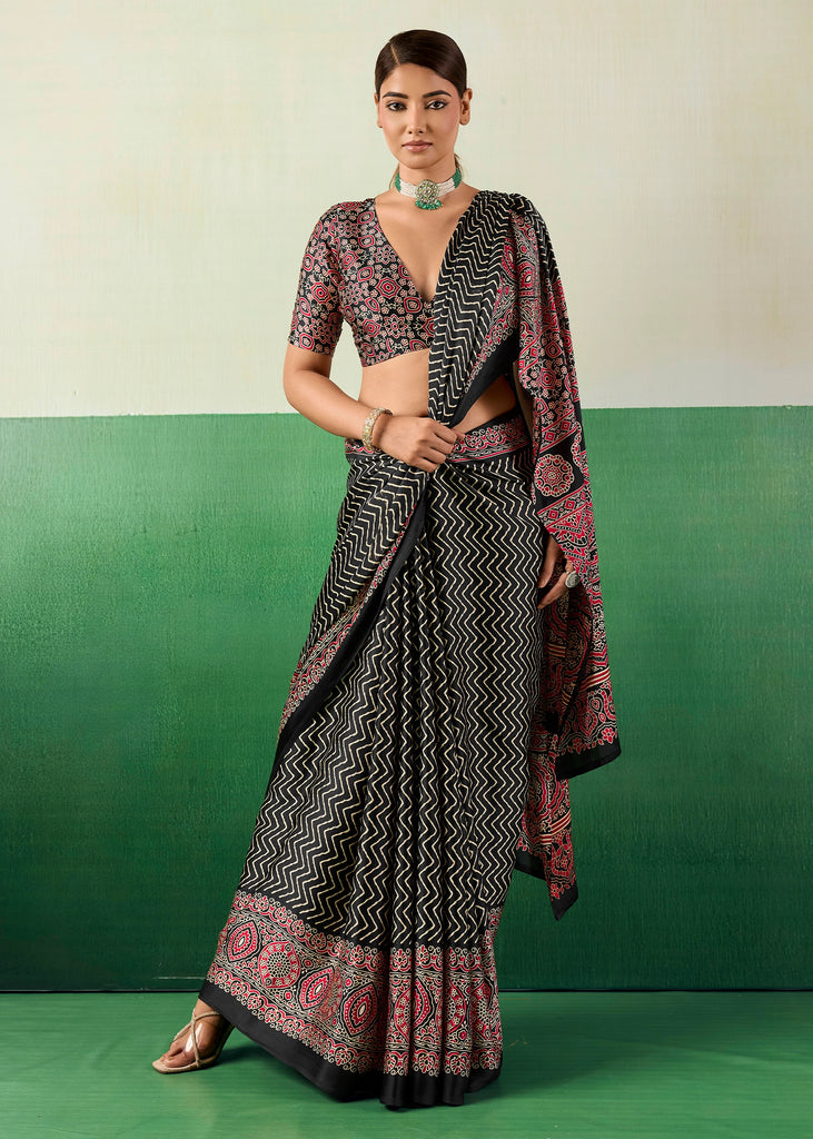 Phantom Black Printed Satin Silk Saree