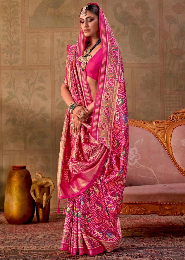 Hot Pink Printed Patola Silk Saree