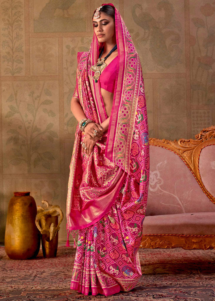 Hot Pink Printed Patola Silk Saree