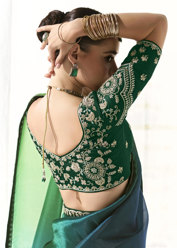 Jungle Green Designer Organza Tissue Silk Saree
