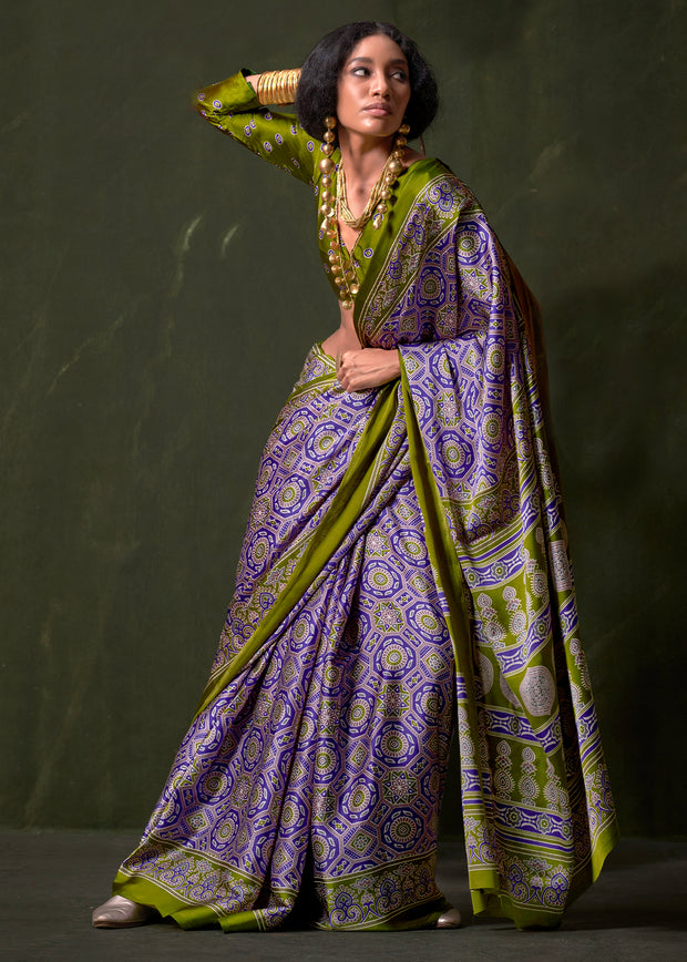 Green And Blue Printed Satin Crepe Silk Saree