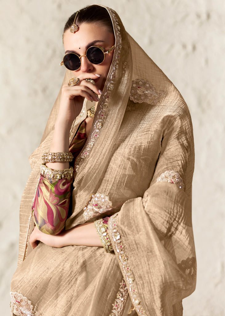 Sand Beige Designer Organza Tissue Silk Saree With Printed Blouse
