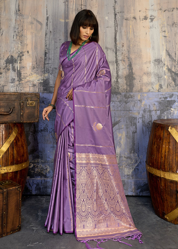 Lavender Purple Woven Banarasi Satin Silk Saree