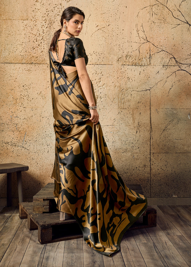 Cinnamon Brown Printed Satin Silk Saree
