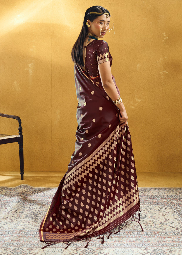 Dark Maroon Woven Banarasi Satin Silk Saree