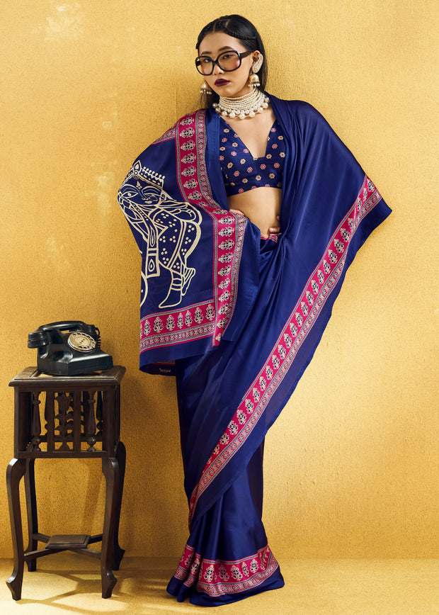 Royal Blue Satin Silk Saree with Ajrakh Printed Pallu and Blouse