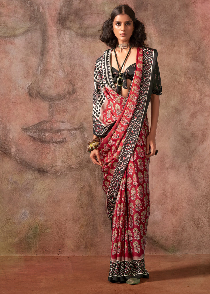Scarlet Red Printed Crepe Satin Silk Saree