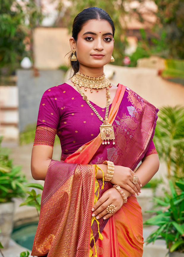Mandarin Orange Dual Tone Woven Banarasi Silk Saree