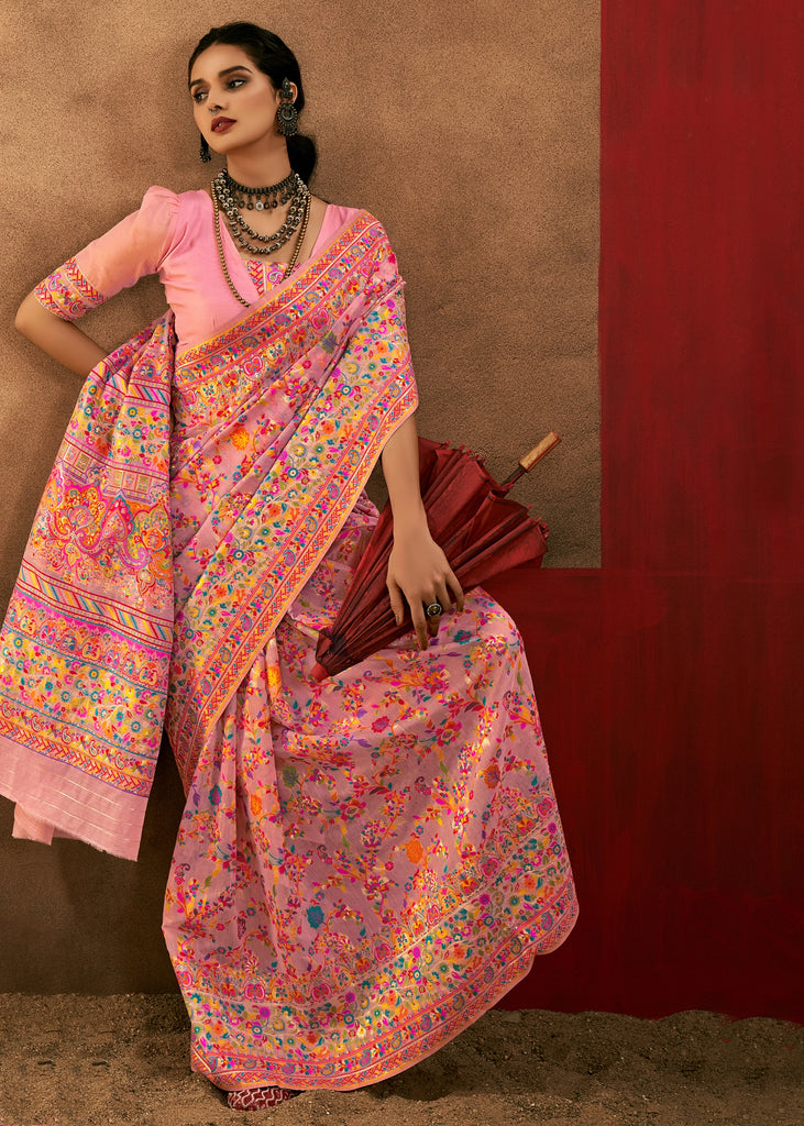 Coral pink Kashmiri Jamewar silk saree with woven jaal motifs