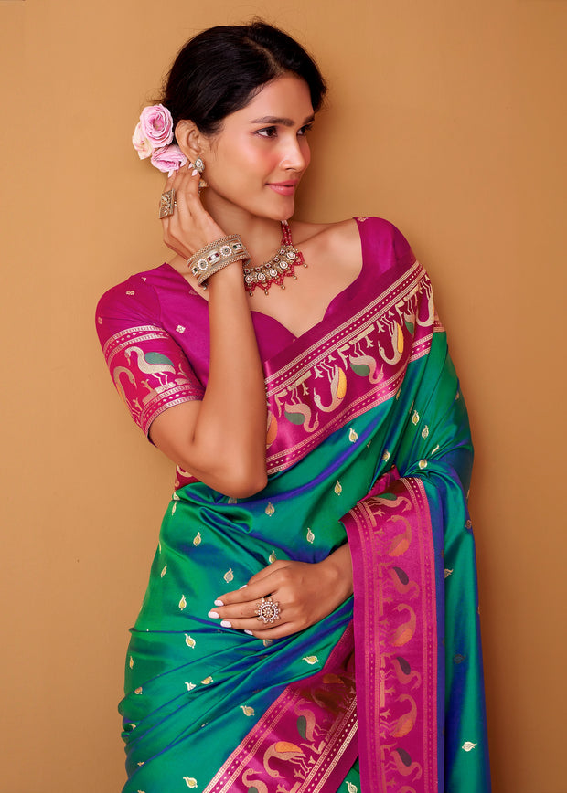 Dark Green Woven Banarasi Silk Saree