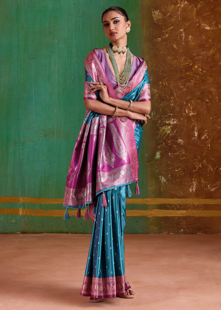 Vivid Blue Banarasi Satin Silk Saree