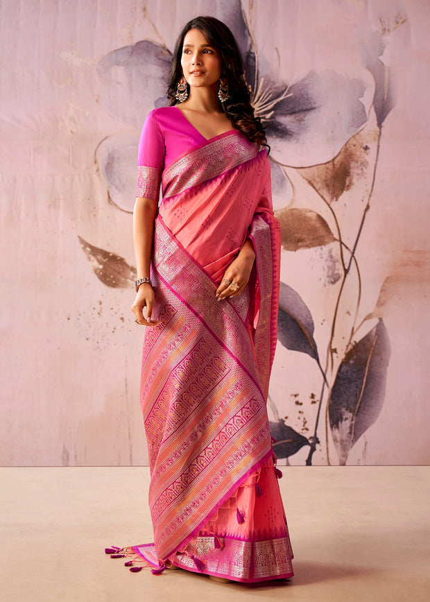 Peach Pink Woven Tissue Silk Saree