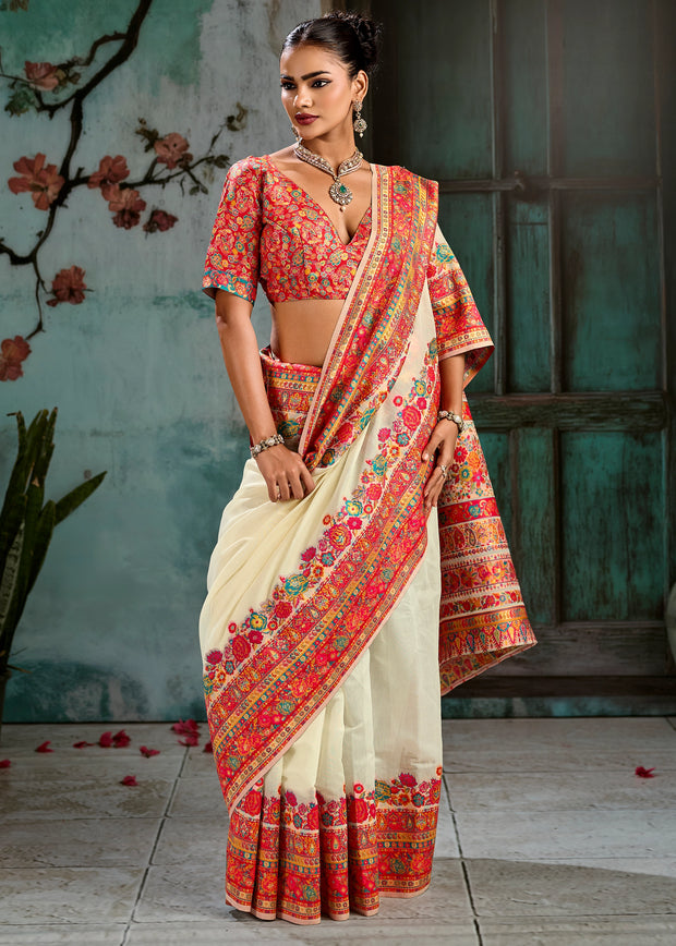 Creamy White Woven Cotton Kashmiri Jamewar Saree