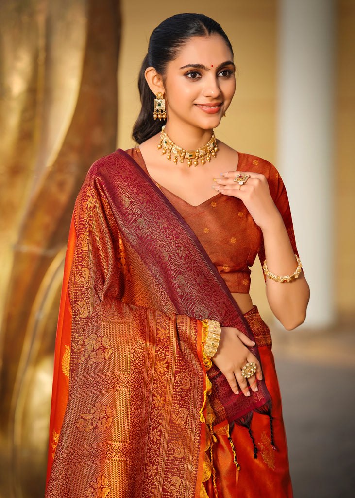 Jaffa Orange Dual Tone Woven Banarasi Silk Saree