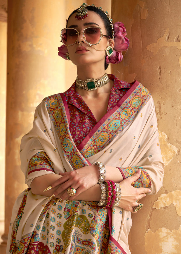 Off White Printed Silk Saree With Contrast Blouse