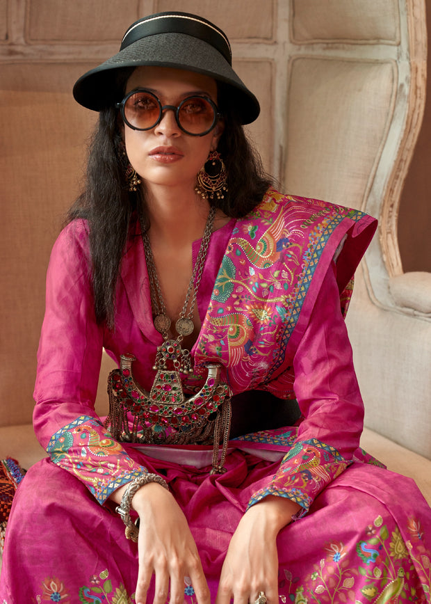 Carmine Pink Madhubani Printed Saree
