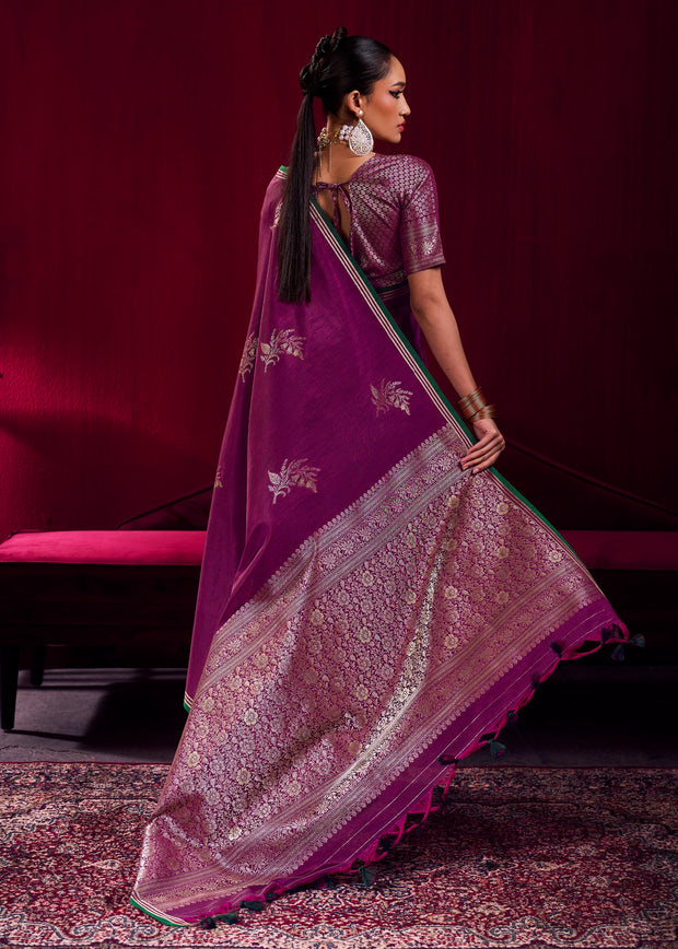 Phlox Purple Woven Banarasi Satin Linen Silk Saree