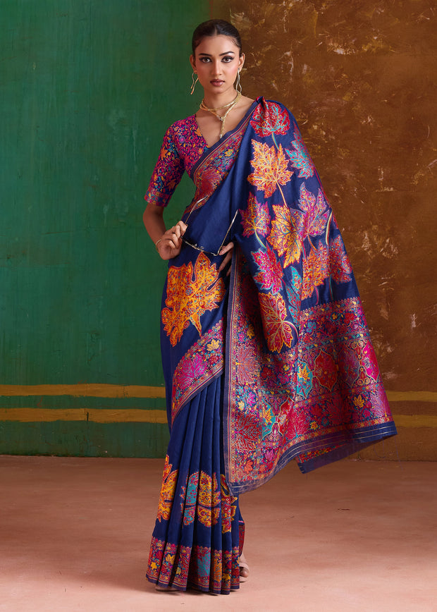 Sapphire Blue Woven Cotton Kashmiri Jamewar Saree