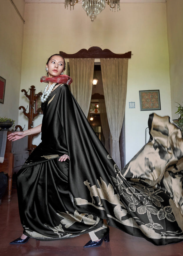 Black Animal Printed Satin Crepe Saree