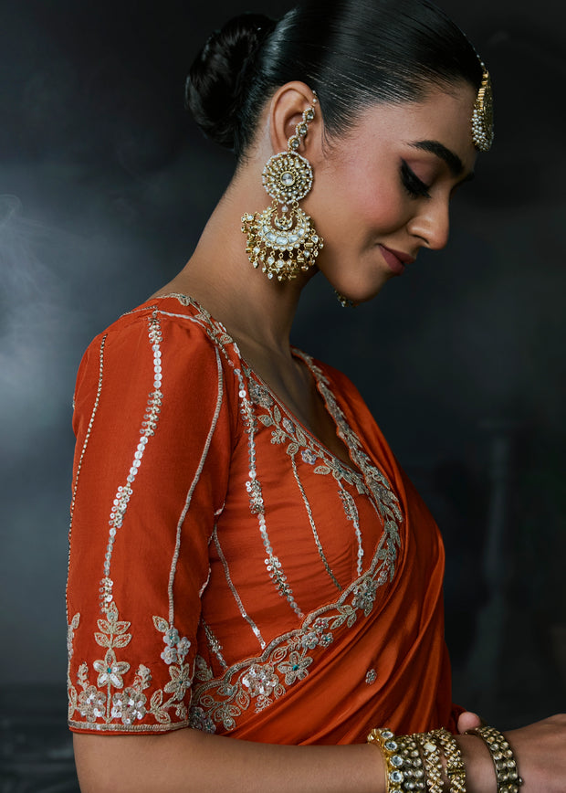 Burnt Orange Embroidered Designer Saree