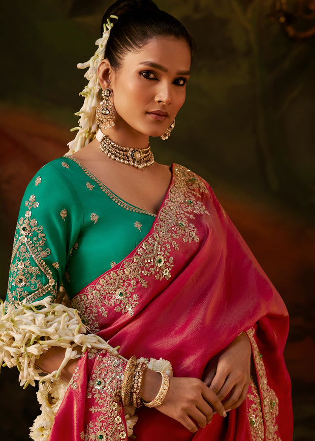 Rani Pink Embroidered Tissue Saree