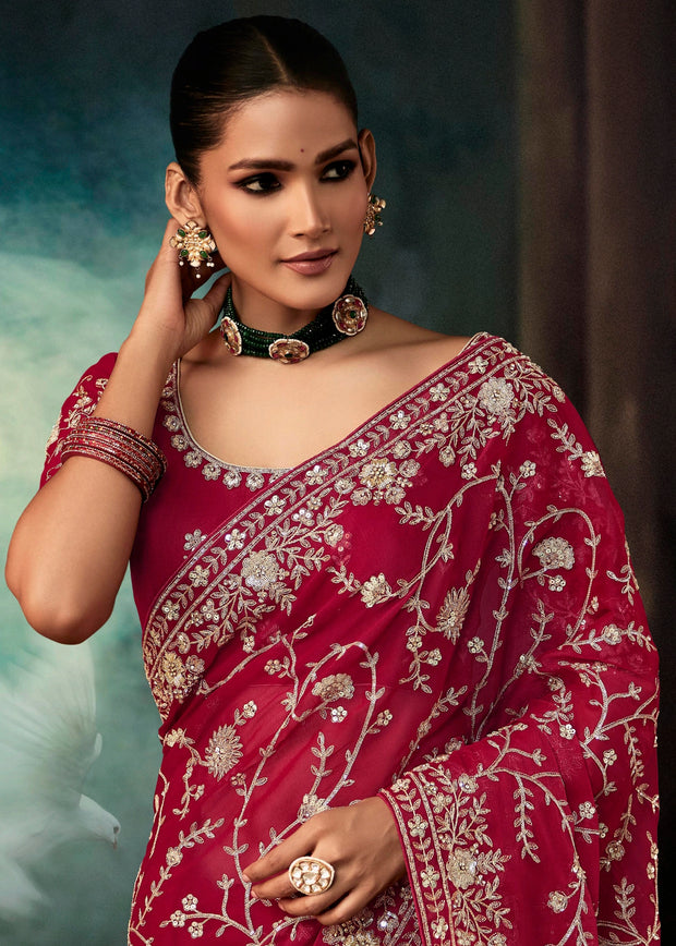 Tango Red Embroidered Designer Saree