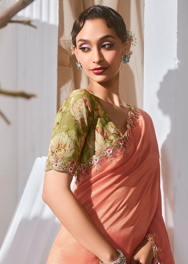 Peach Pink Designer Silk Saree