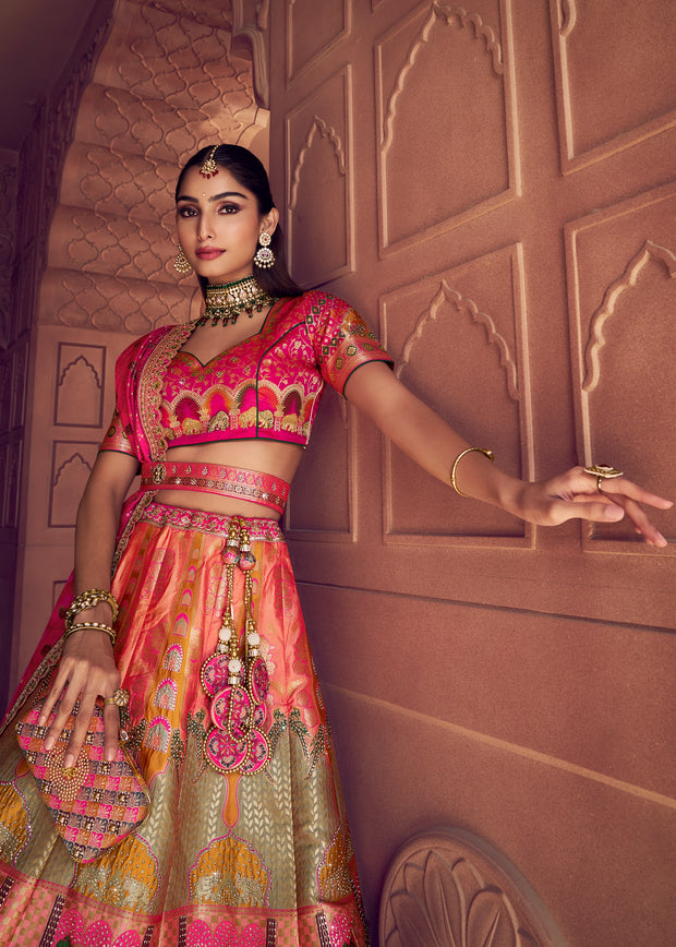 Multicolour Banarasi Silk Embroidered Lehenga