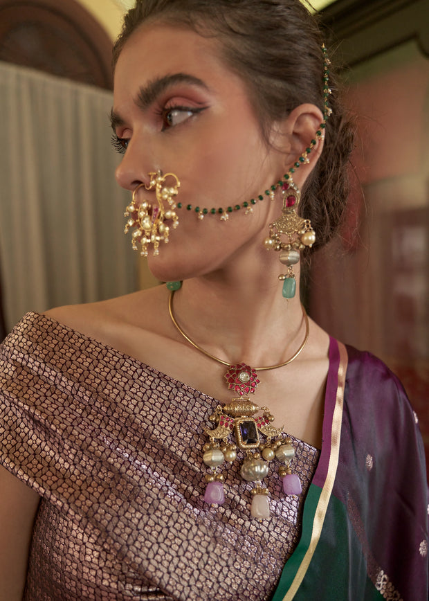 Purple And Green Rangkat Satin Silk Saree