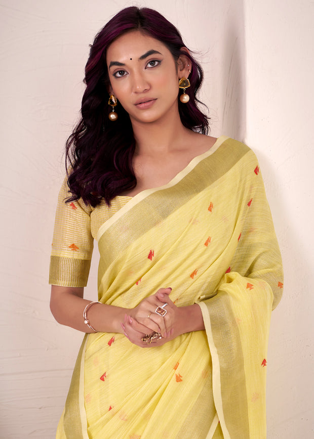 Lemon Yellow Woven Linen Silk Saree