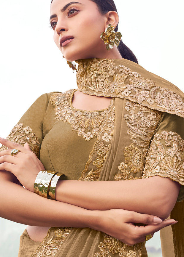 Almond Brown Woven Embroidered Soft Silk Saree
