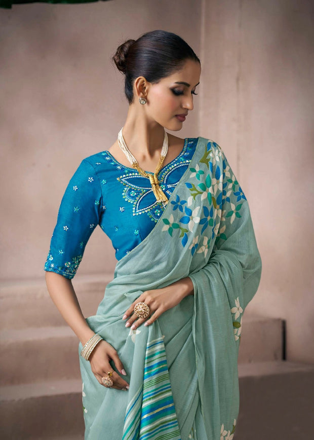 “Exclusive Offer” : Light Cyan Woven Cotton Silk Saree