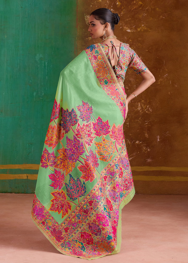 Pista Green Woven Cotton Kashmiri Jamewar Saree