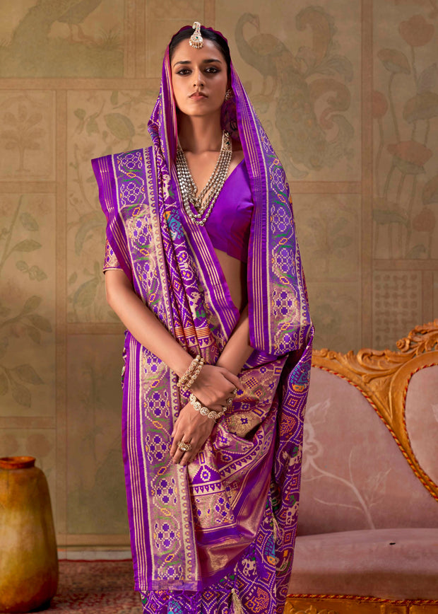 Bright Purple Printed Patola Silk Saree