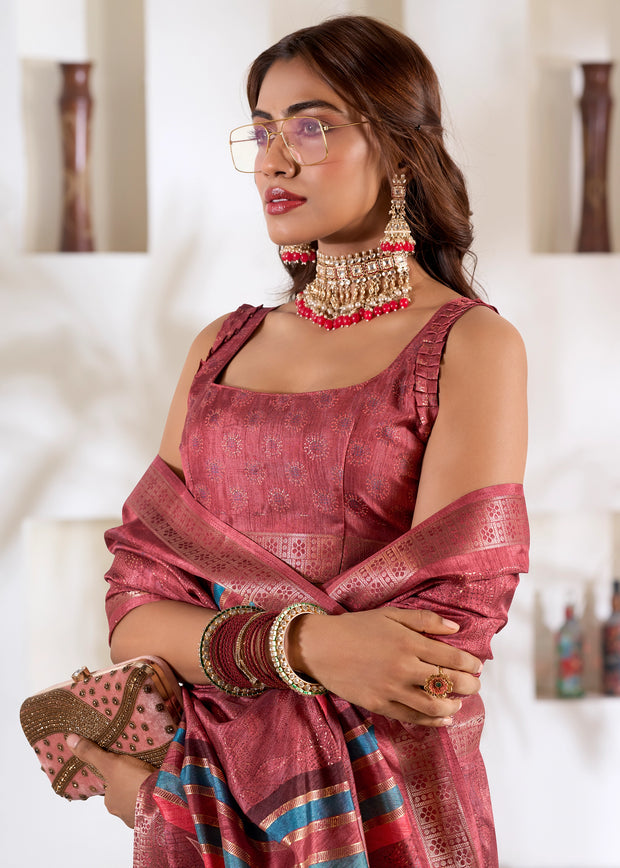 Dusky Red Banarasi Printed Soft Silk Saree