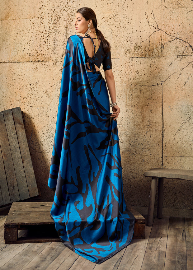 Victoria Blue Printed Satin Silk Saree