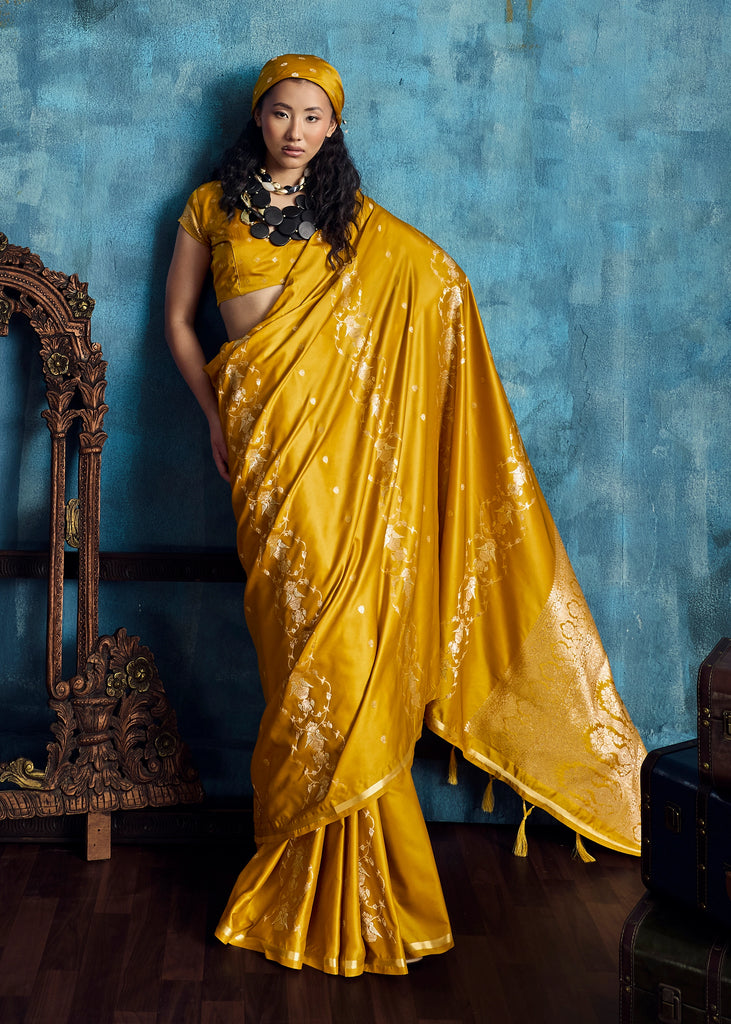 Ochre Yellow Woven Banarasi Satin Silk Saree